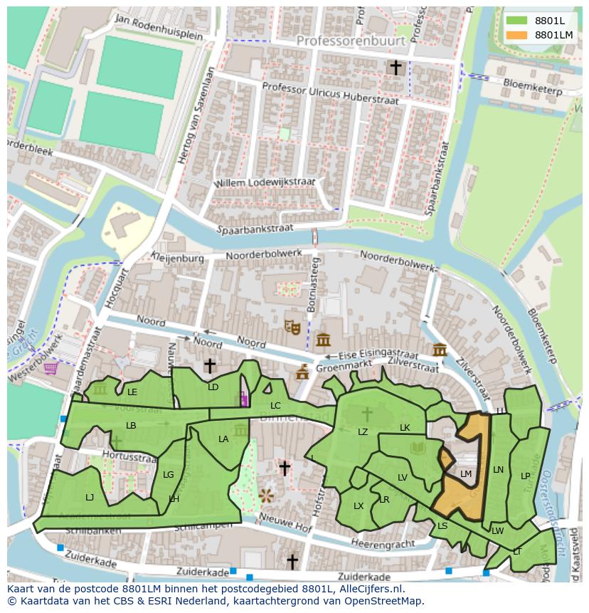 Afbeelding van het postcodegebied 8801 LM op de kaart.