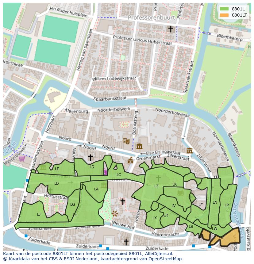 Afbeelding van het postcodegebied 8801 LT op de kaart.