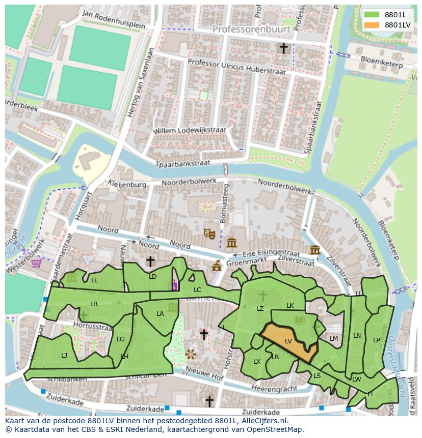 Afbeelding van het postcodegebied 8801 LV op de kaart.