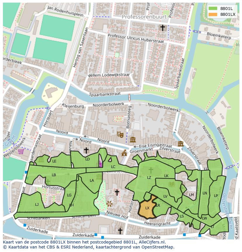 Afbeelding van het postcodegebied 8801 LX op de kaart.