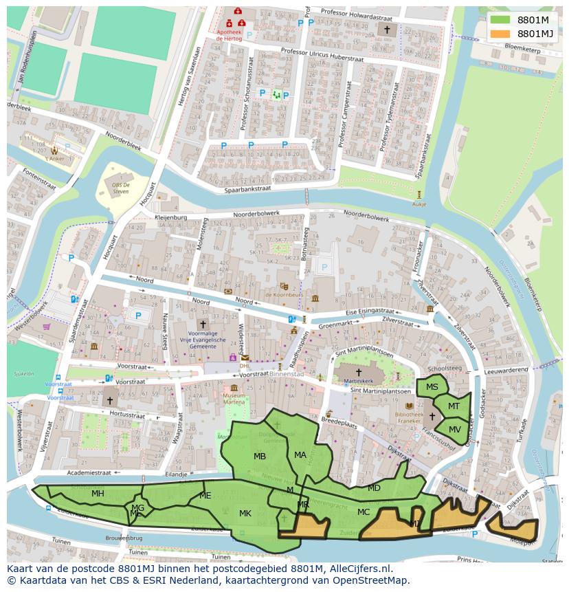 Afbeelding van het postcodegebied 8801 MJ op de kaart.