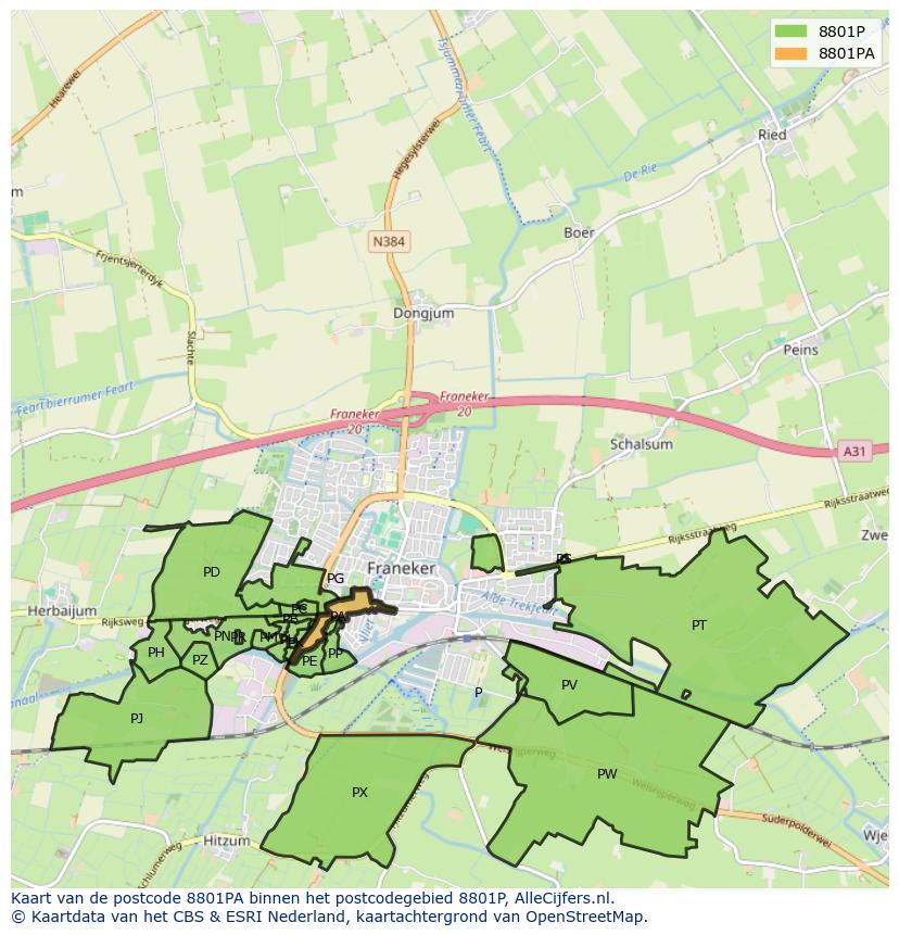 Afbeelding van het postcodegebied 8801 PA op de kaart.