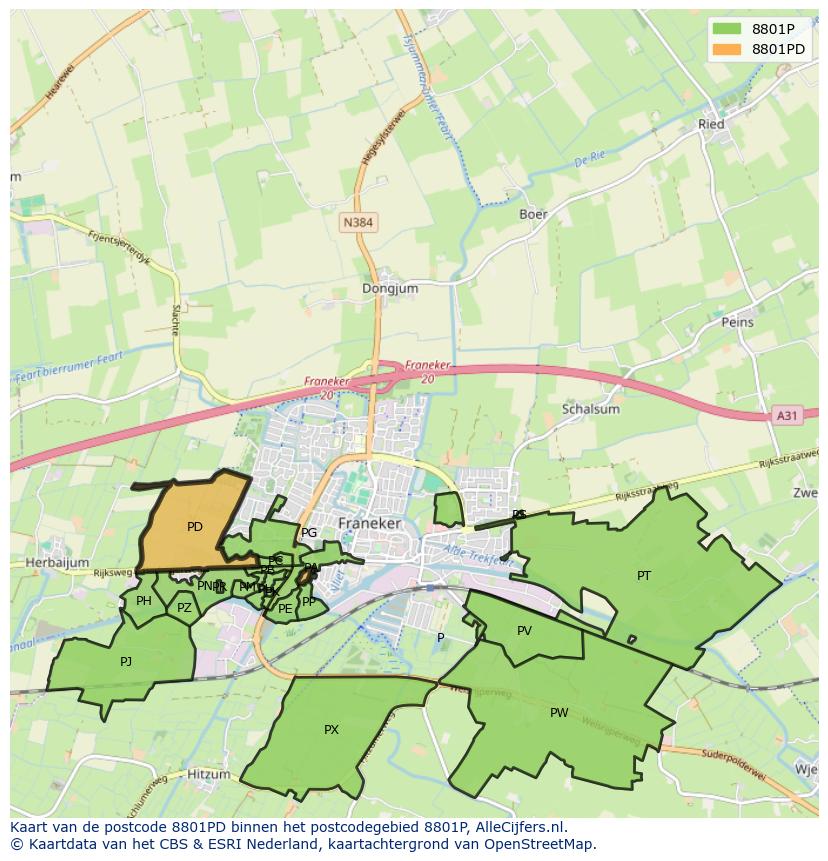 Afbeelding van het postcodegebied 8801 PD op de kaart.