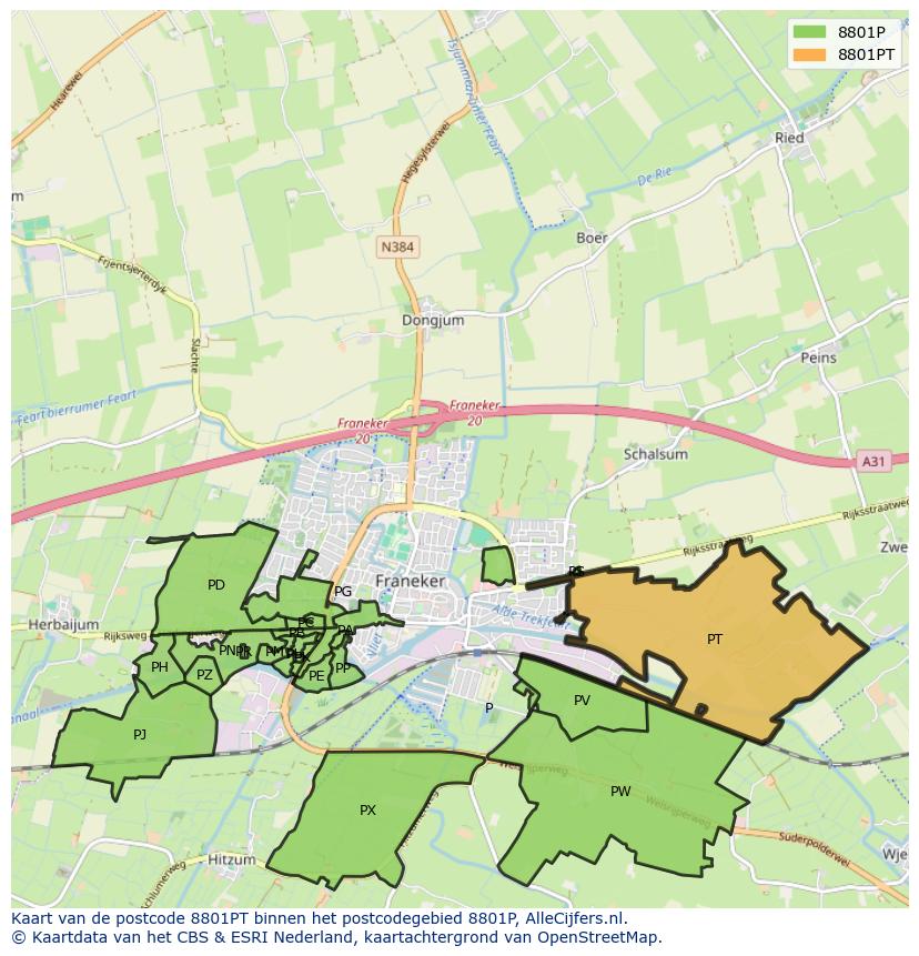 Afbeelding van het postcodegebied 8801 PT op de kaart.