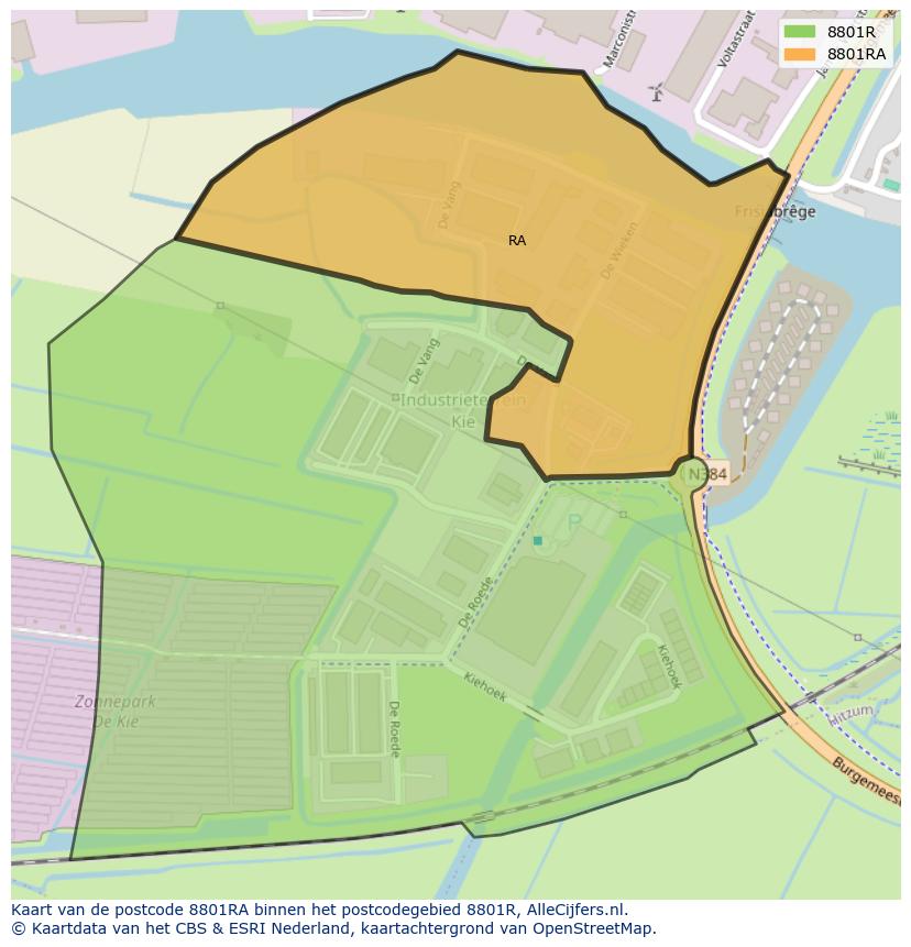 Afbeelding van het postcodegebied 8801 RA op de kaart.