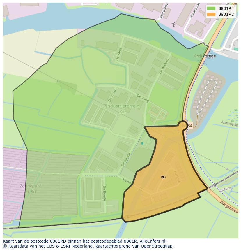 Afbeelding van het postcodegebied 8801 RD op de kaart.