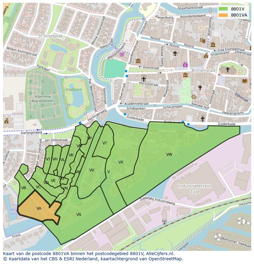Afbeelding van het postcodegebied 8801 VA op de kaart.