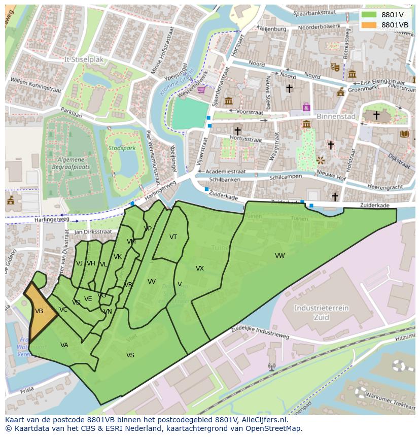 Afbeelding van het postcodegebied 8801 VB op de kaart.