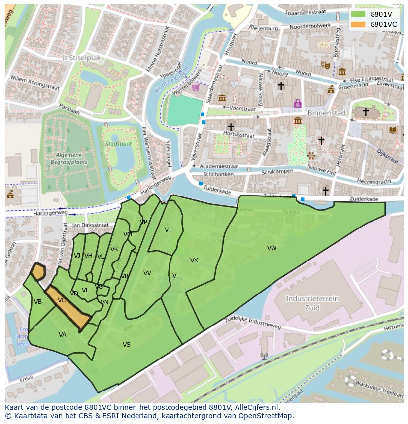 Afbeelding van het postcodegebied 8801 VC op de kaart.