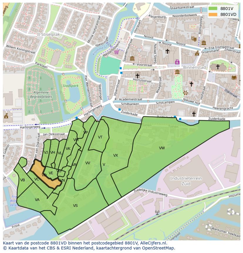 Afbeelding van het postcodegebied 8801 VD op de kaart.