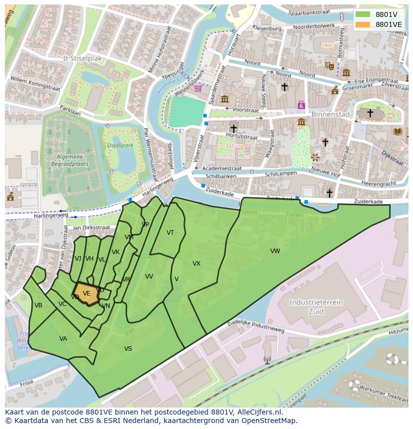 Afbeelding van het postcodegebied 8801 VE op de kaart.