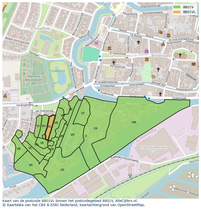 Afbeelding van het postcodegebied 8801 VL op de kaart.