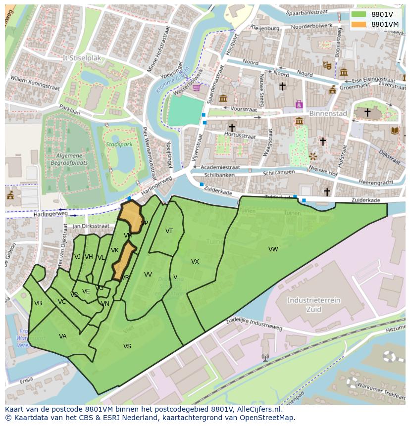 Afbeelding van het postcodegebied 8801 VM op de kaart.