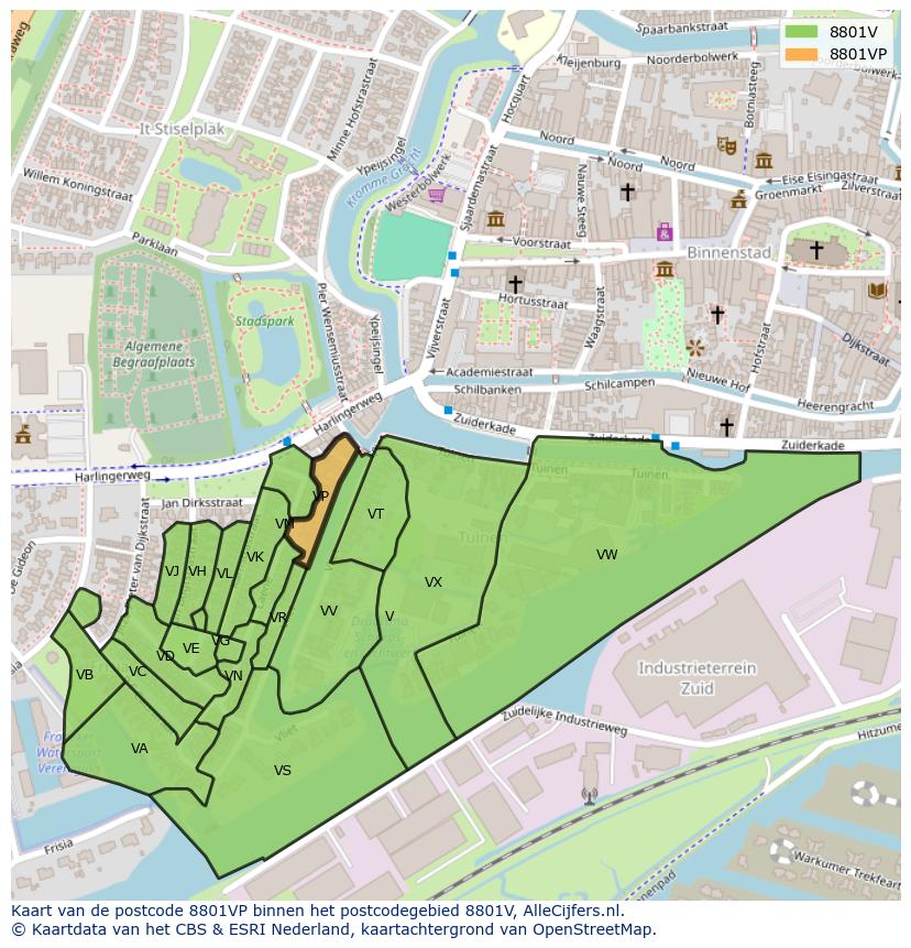 Afbeelding van het postcodegebied 8801 VP op de kaart.