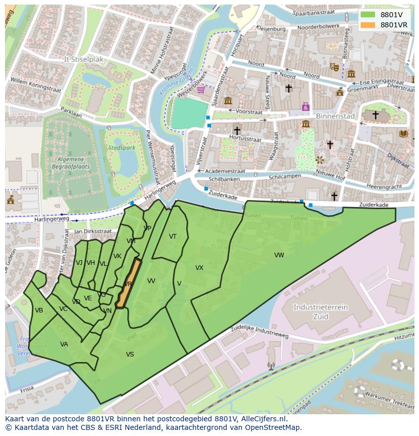 Afbeelding van het postcodegebied 8801 VR op de kaart.
