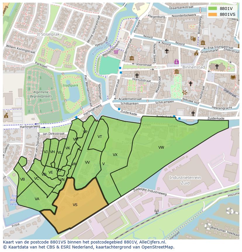 Afbeelding van het postcodegebied 8801 VS op de kaart.