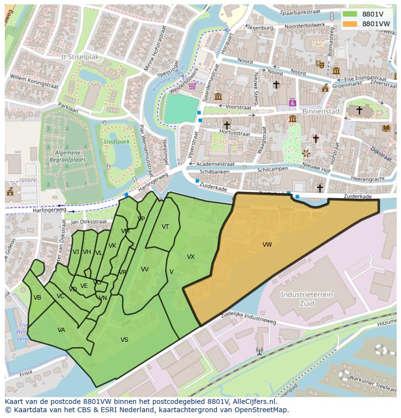 Afbeelding van het postcodegebied 8801 VW op de kaart.