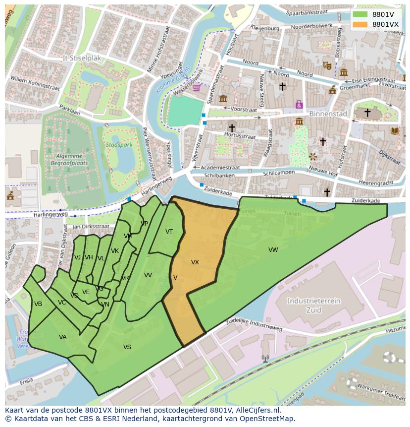 Afbeelding van het postcodegebied 8801 VX op de kaart.