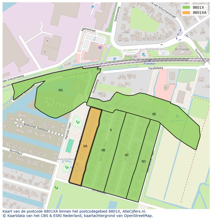 Afbeelding van het postcodegebied 8801 XA op de kaart.