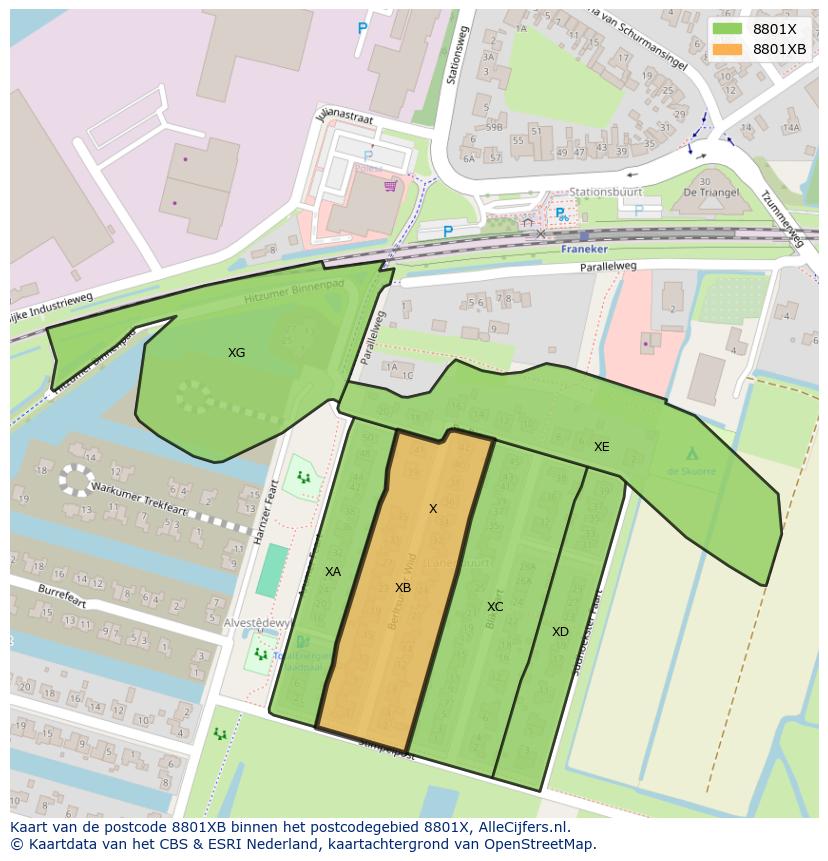 Afbeelding van het postcodegebied 8801 XB op de kaart.