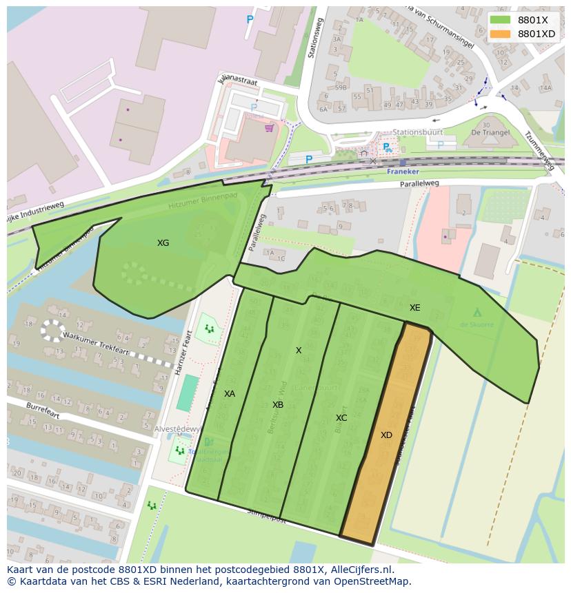 Afbeelding van het postcodegebied 8801 XD op de kaart.