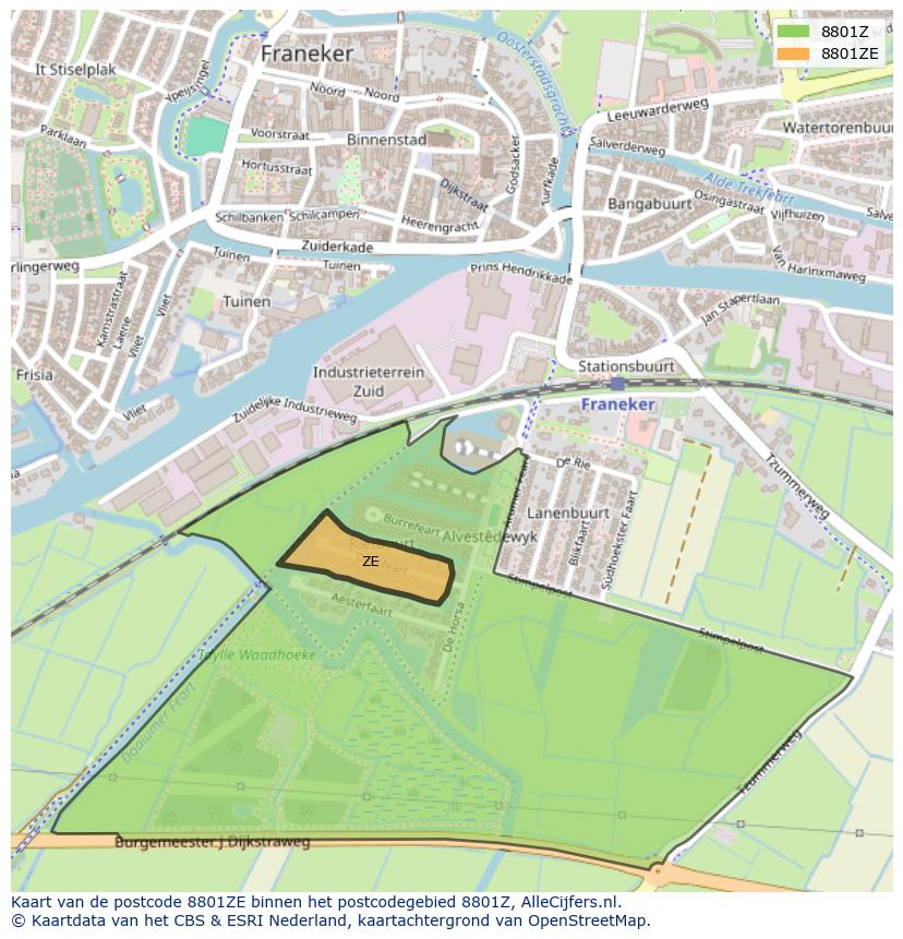 Afbeelding van het postcodegebied 8801 ZE op de kaart.