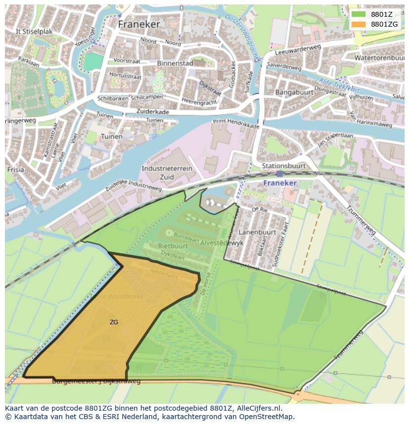 Afbeelding van het postcodegebied 8801 ZG op de kaart.