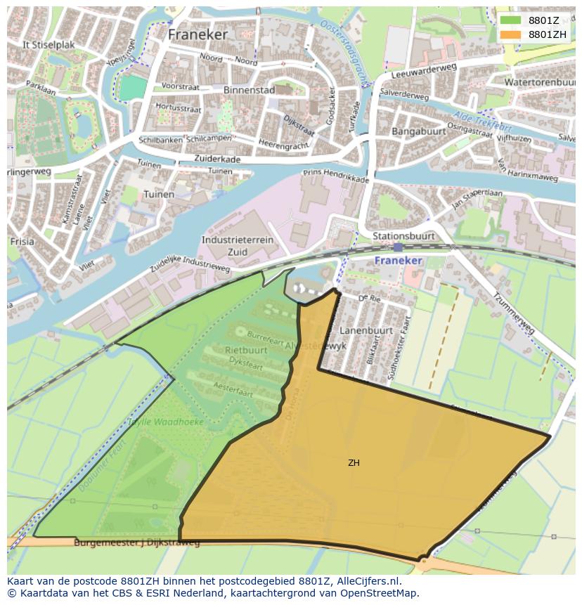 Afbeelding van het postcodegebied 8801 ZH op de kaart.