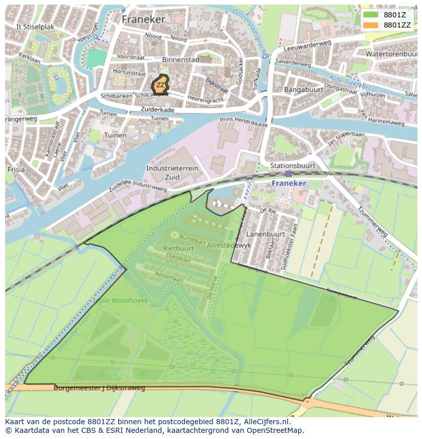 Afbeelding van het postcodegebied 8801 ZZ op de kaart.