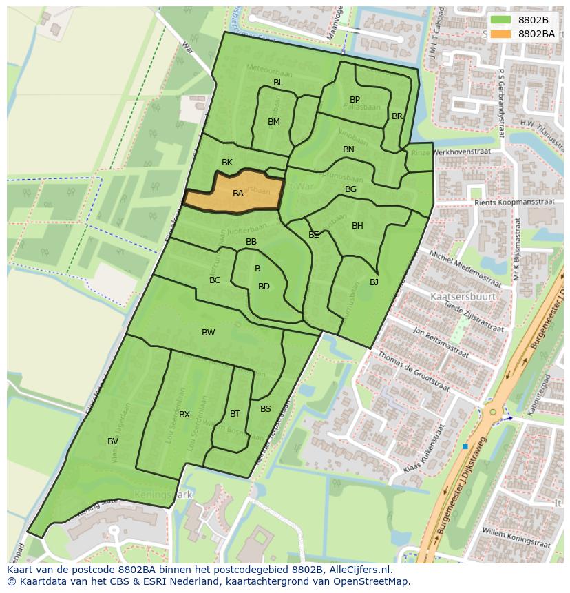 Afbeelding van het postcodegebied 8802 BA op de kaart.