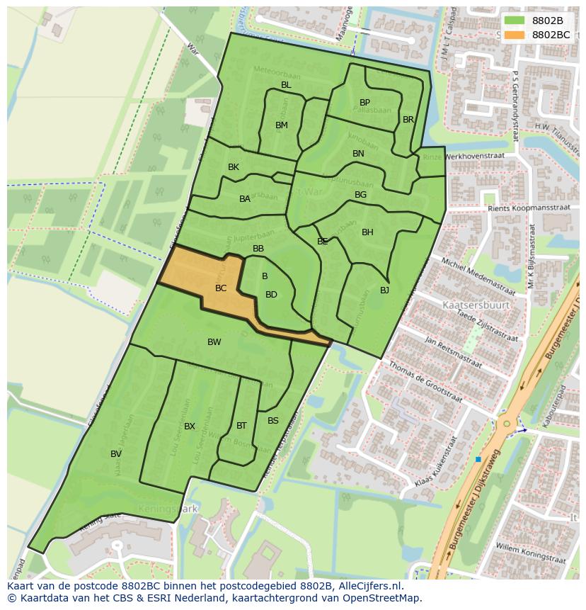 Afbeelding van het postcodegebied 8802 BC op de kaart.