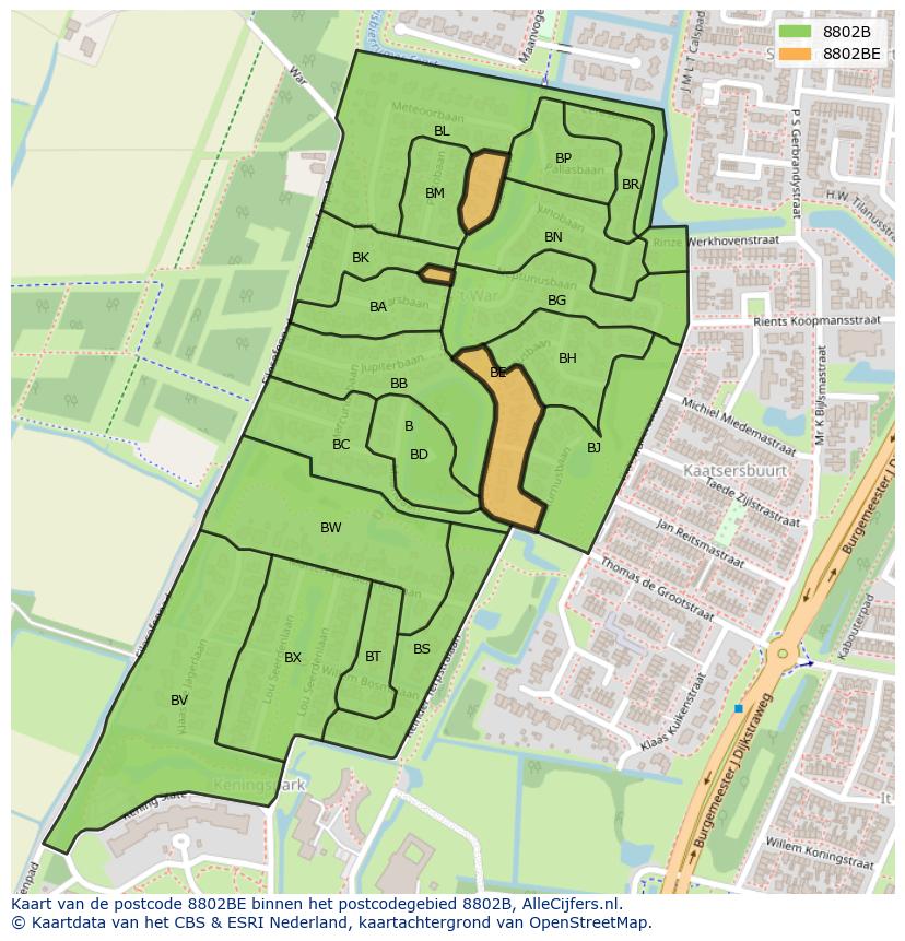 Afbeelding van het postcodegebied 8802 BE op de kaart.