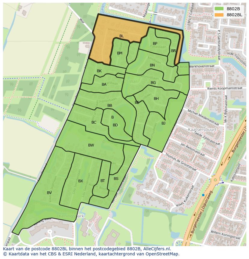 Afbeelding van het postcodegebied 8802 BL op de kaart.