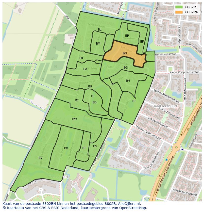 Afbeelding van het postcodegebied 8802 BN op de kaart.
