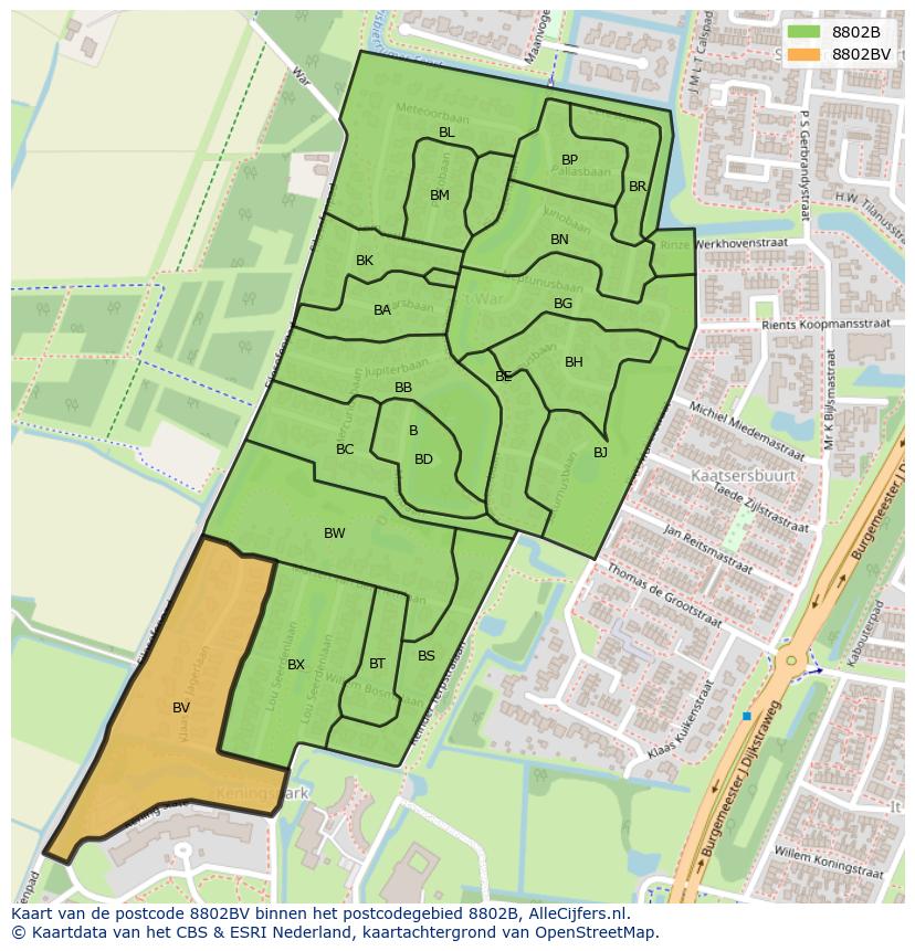 Afbeelding van het postcodegebied 8802 BV op de kaart.