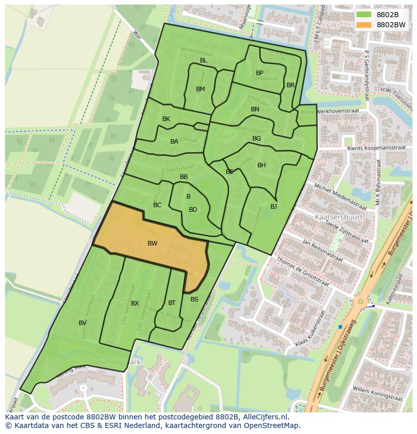 Afbeelding van het postcodegebied 8802 BW op de kaart.