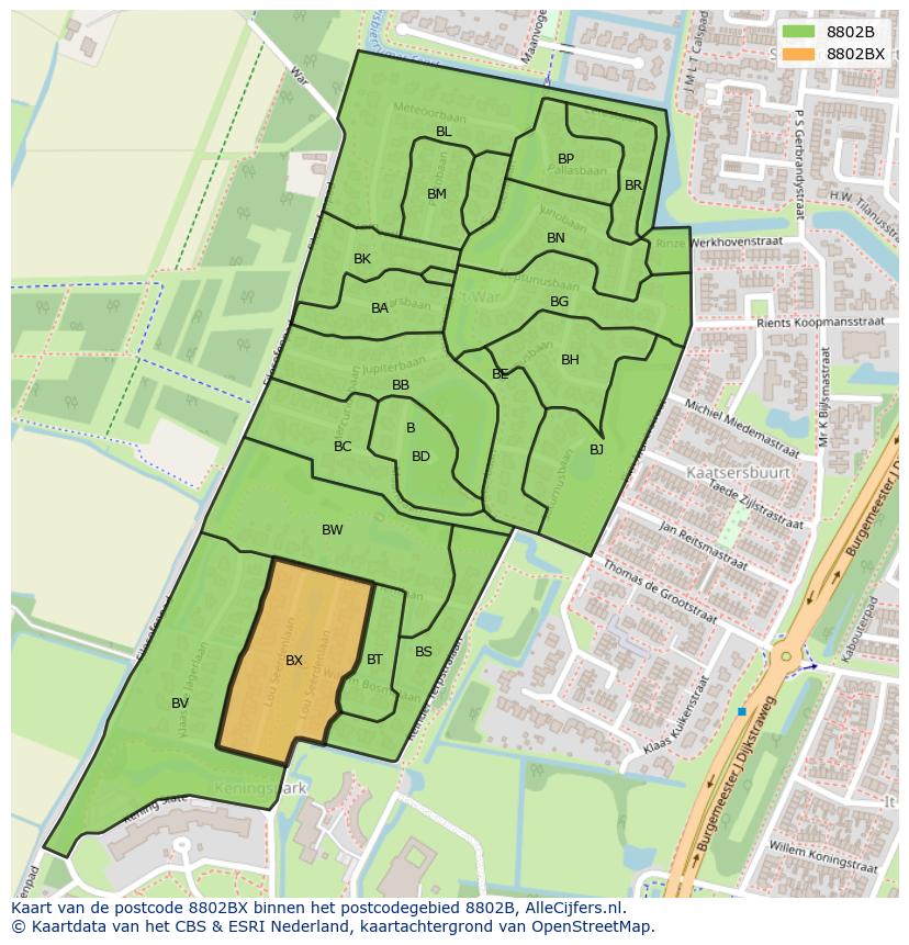 Afbeelding van het postcodegebied 8802 BX op de kaart.