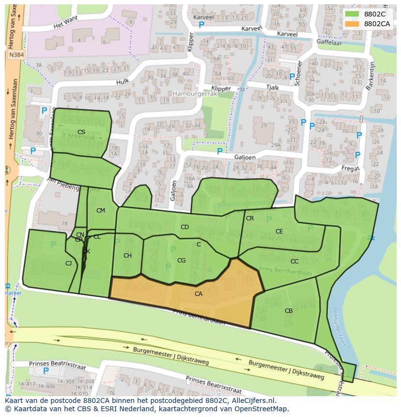 Afbeelding van het postcodegebied 8802 CA op de kaart.