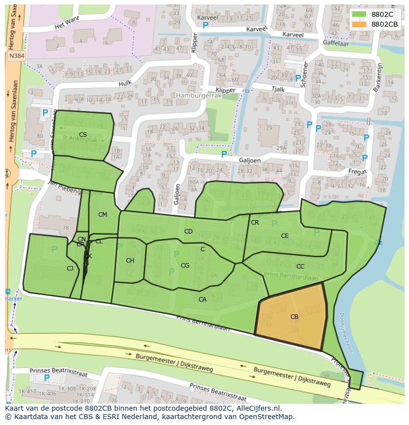 Afbeelding van het postcodegebied 8802 CB op de kaart.