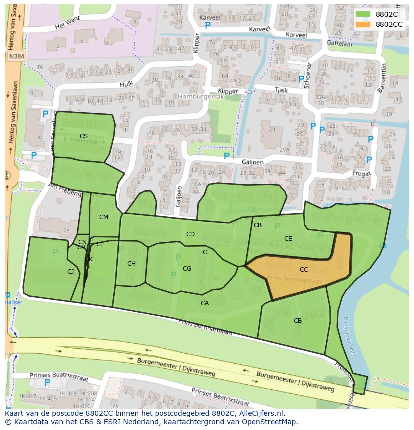Afbeelding van het postcodegebied 8802 CC op de kaart.