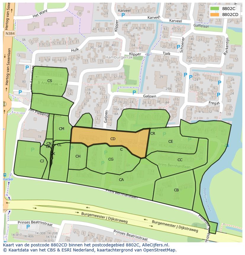 Afbeelding van het postcodegebied 8802 CD op de kaart.