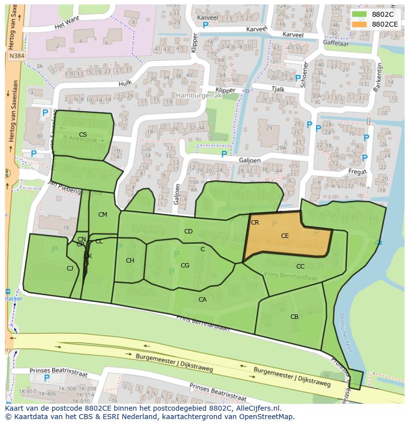 Afbeelding van het postcodegebied 8802 CE op de kaart.