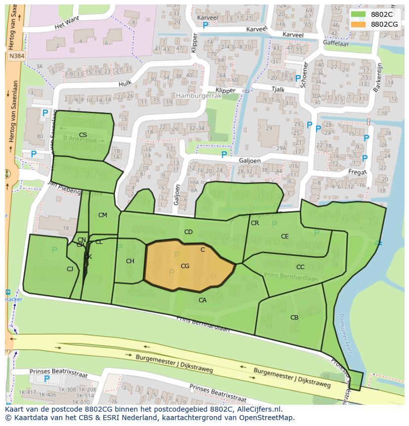 Afbeelding van het postcodegebied 8802 CG op de kaart.