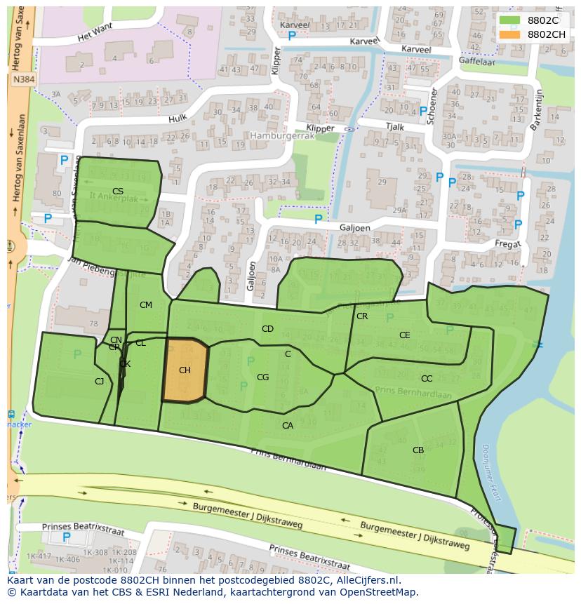 Afbeelding van het postcodegebied 8802 CH op de kaart.