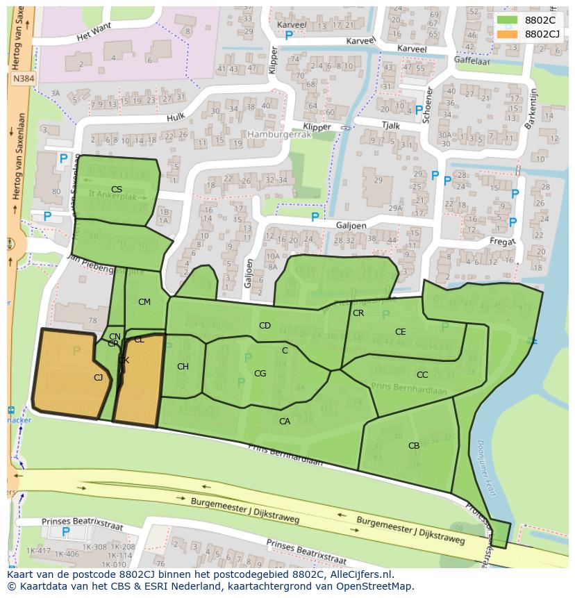 Afbeelding van het postcodegebied 8802 CJ op de kaart.
