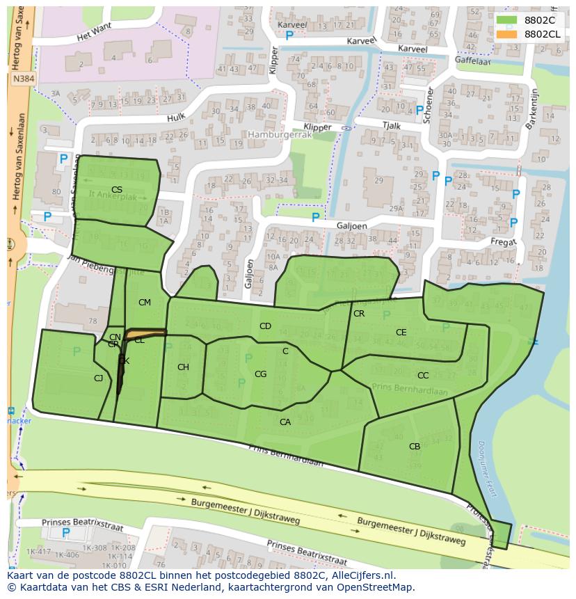 Afbeelding van het postcodegebied 8802 CL op de kaart.