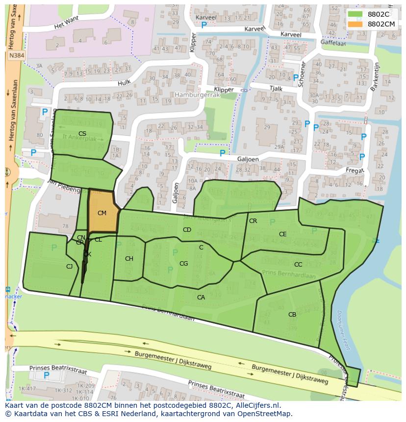 Afbeelding van het postcodegebied 8802 CM op de kaart.