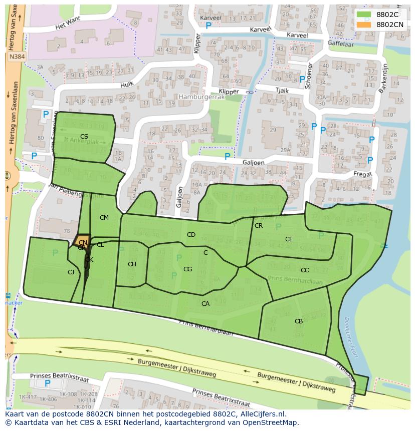 Afbeelding van het postcodegebied 8802 CN op de kaart.