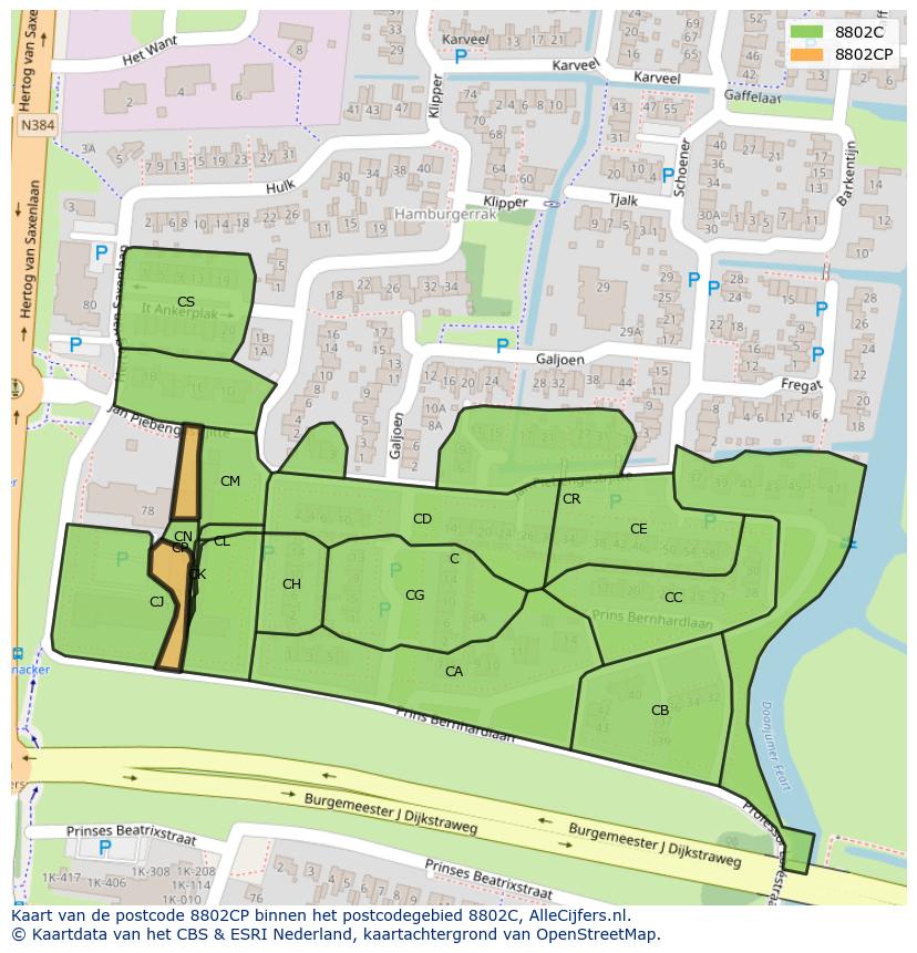 Afbeelding van het postcodegebied 8802 CP op de kaart.