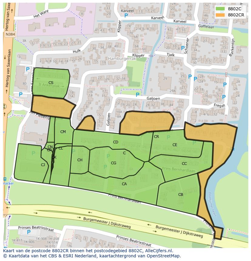 Afbeelding van het postcodegebied 8802 CR op de kaart.